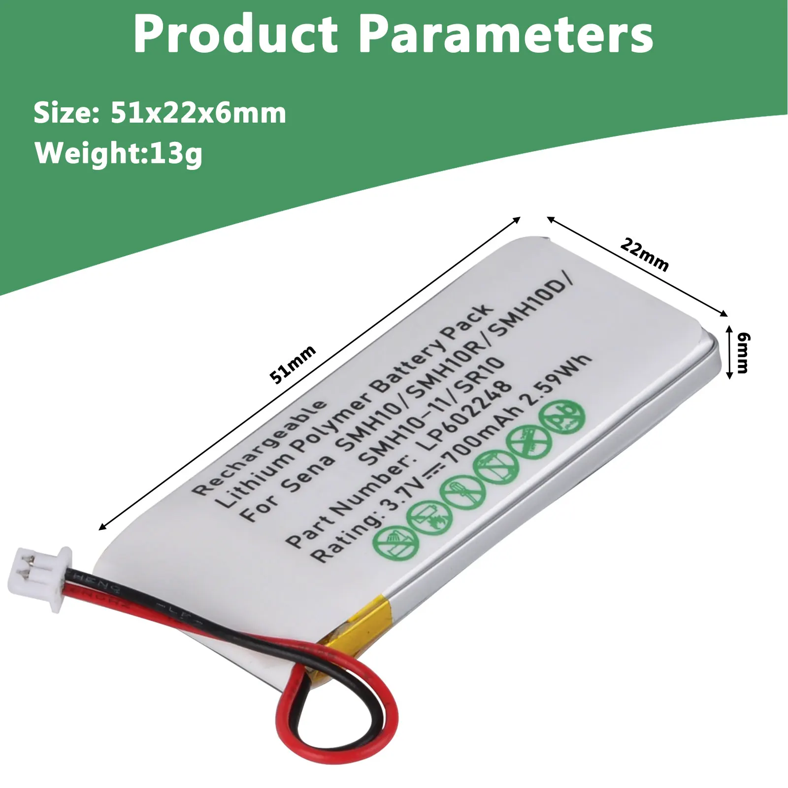 Replacement Battery For Sena SMH10 Series Bluetooth Headset - 3.7V 700mAh Lithium Polymer Battery