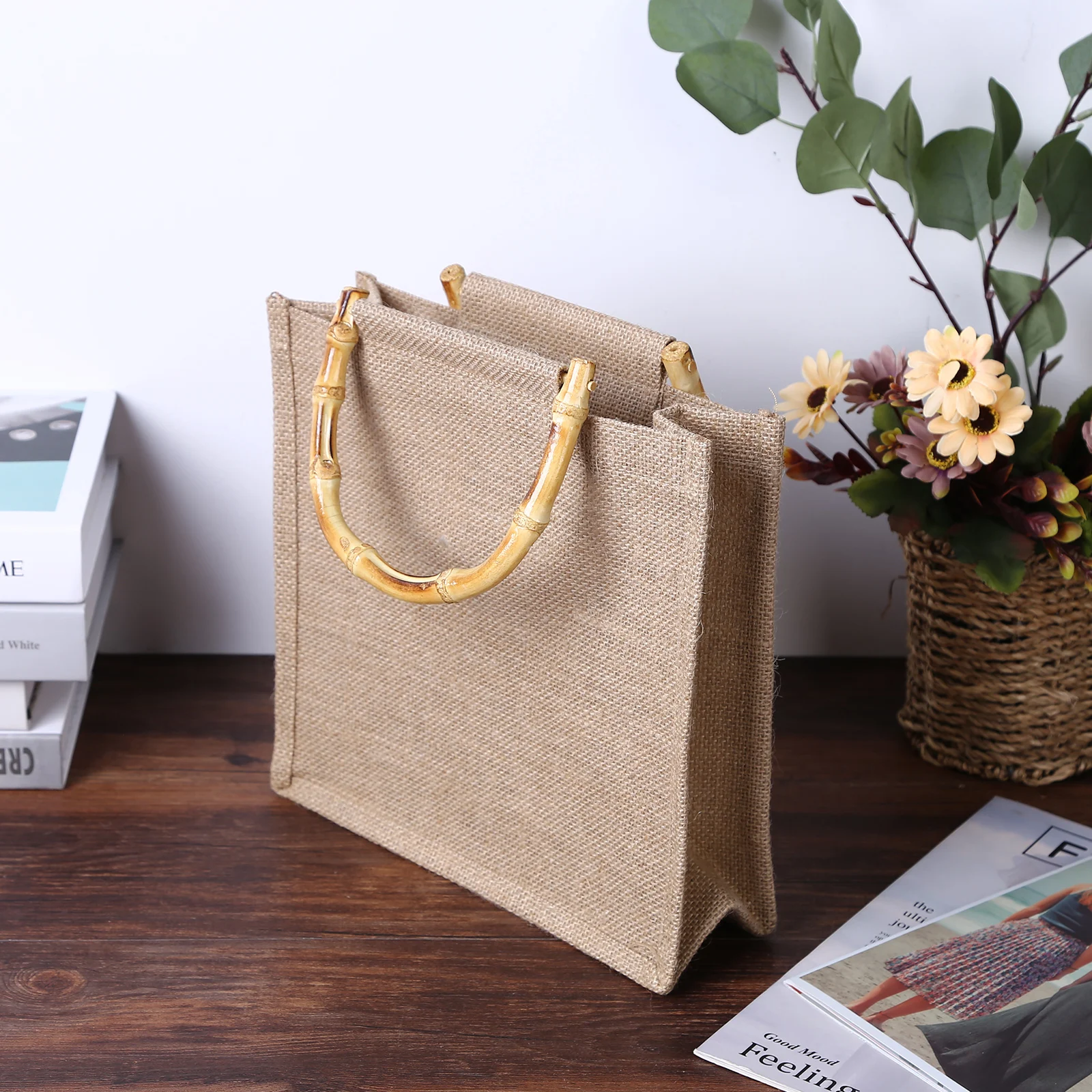 Women Burlap Jute Tote Bag Retro Beach Handbag Bamboo Handle Linen Beach Shoulder Top Handle Bag Fashion Reusable Shopping Bags