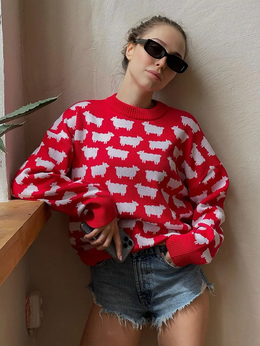 HAPPY SHEEP 売れ筋商品|||ハッピーシープ ニット&セーター アウター レディース Sweaters Red Sheep Print O Neck Long Sleeve Sweater Women Autumn Winter