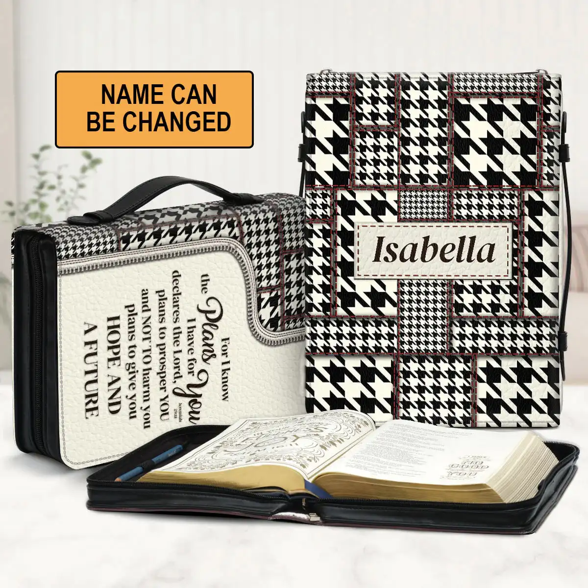 

Bible Storage Bag Simple Black and White Color Design PU Leather Bible Study Holy Cover Case Carry Bags Custom Image/Name 2023