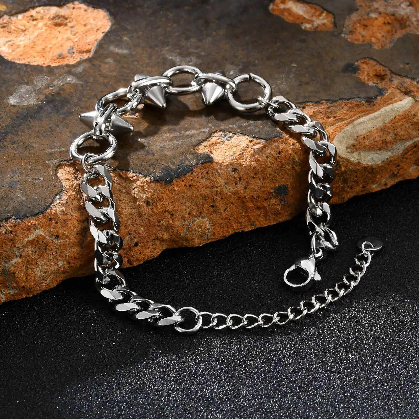 Punk Men's Rivet Chain Bracelet,Never Fade Stainless Steel Adjustable Wristband,Hip Hop Jewelry Gift