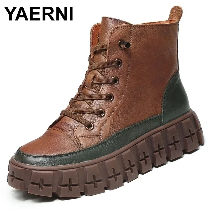 

Shoes Women Boots Genuine Leather Mixed Colors New Autumn Winter Zip Round Toe Retro Handmade Leisure Ankle Boots