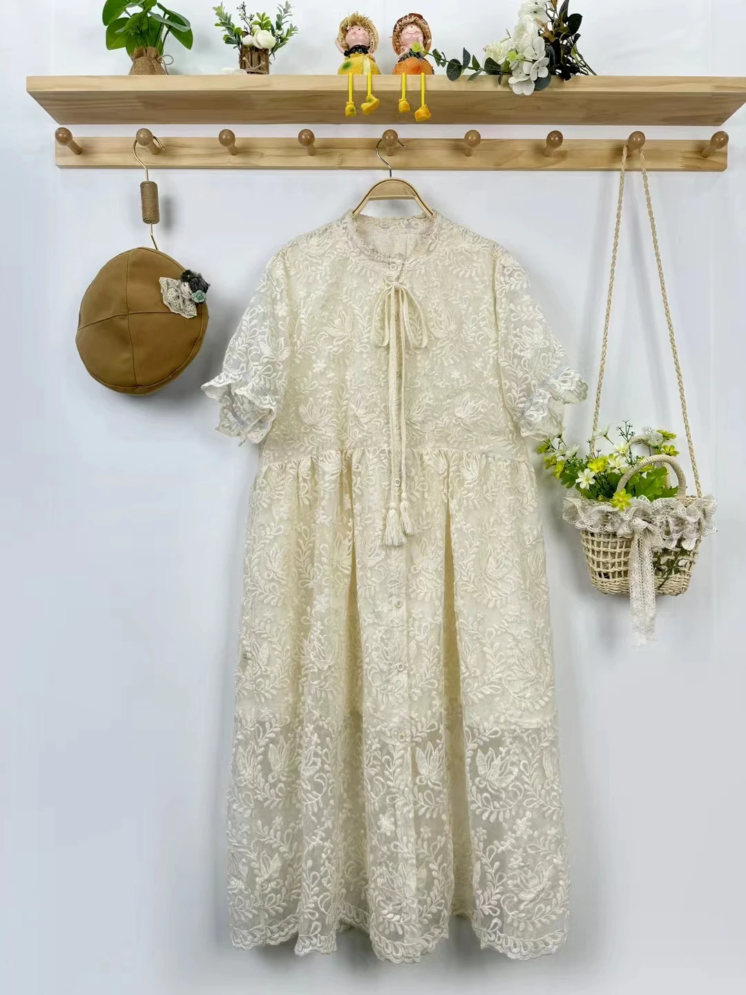 

Summer Sweet Stand Collar Organza Embroidered Dress Women Short Sleeve Single Breasted Dress