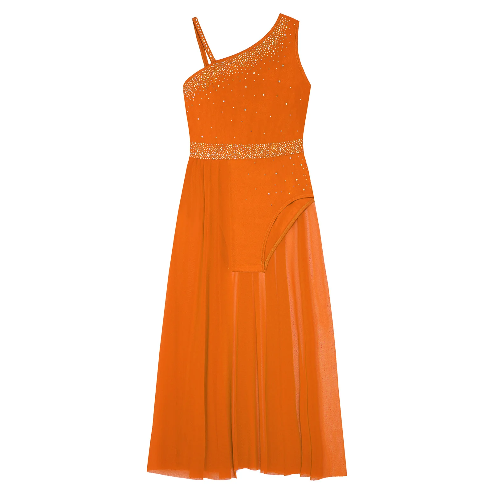 Modernes Lyrisches Tanzkleid für Mädchen, Ballett-Gymnastik-Aufführungskostüm mit Strass, Seitenschlitz und Transparentem Netzstoff – Detail 26
