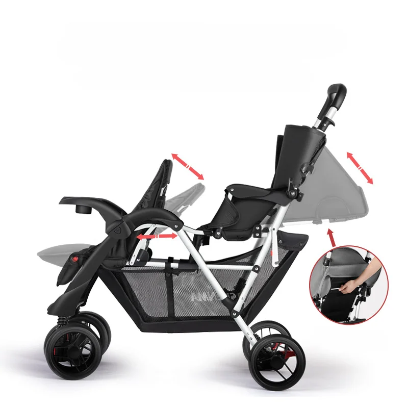 Luxury Double Stroller Folding Portable Twin Baby Stroller Lying Seating Shock Absorption Newborn Double Seat