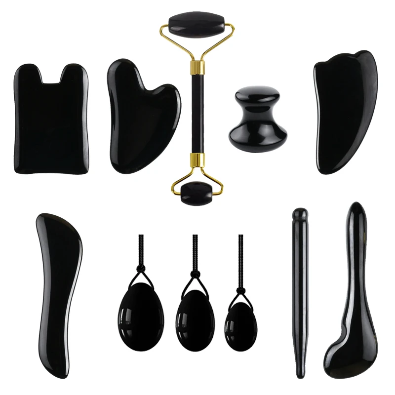 1Pcs Obsidian Jade Roller Gua Sha Natural Jade Scraper Black Gouache Guasha Yoni Egg Massagers For Face Lift Spa Anti-Aging Tool 14pcs scraping painting art tools set with bamboo stick scraper repair pen black brush for kids children birthday christmas gift