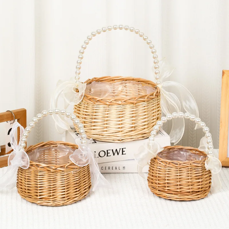 1 PC Handheld Pearl Flower Basket with Souvenirs, Flower Arrangement Basket for Flower Shops, Household Storage Basket