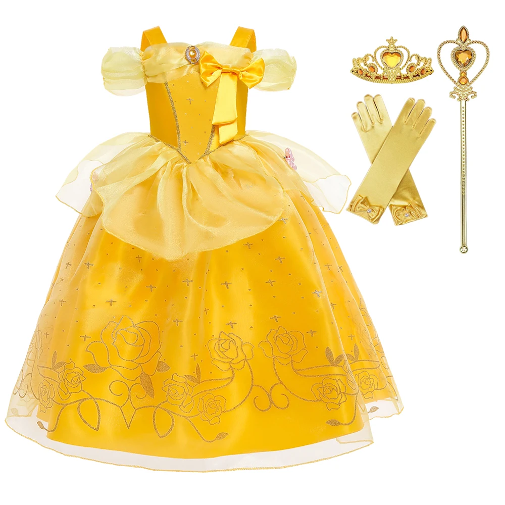 2024 Girls Cosplay Belle Princess Dresses Beauty And Beast Kids Vestidos Party Halloween Magic Stick Crown Children Costume images - 6