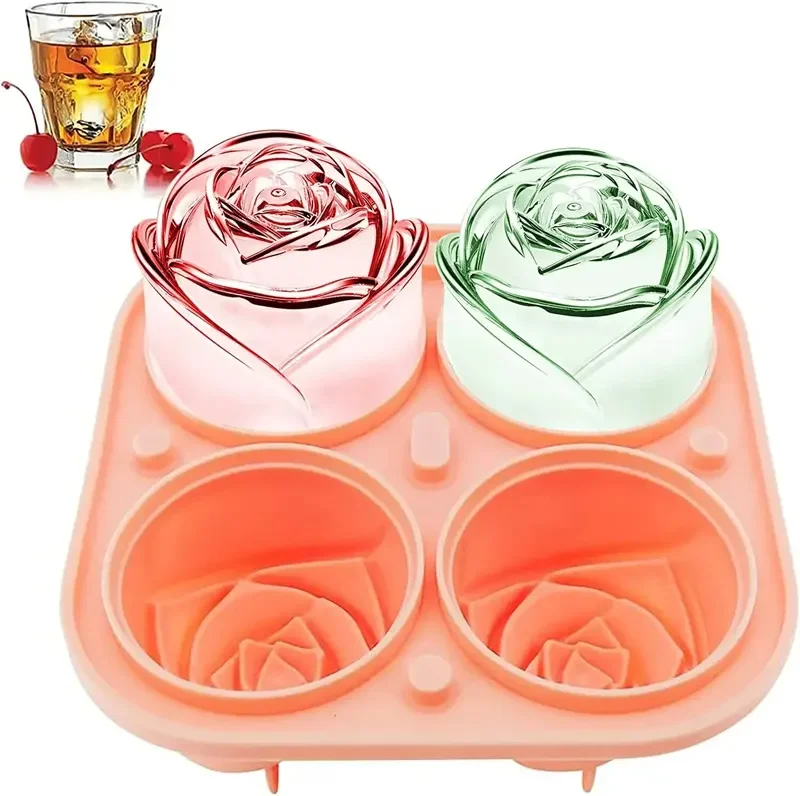3D Rose Ice Molds 2.5 Inch, Large Ice Cube Trays, Make 4 Giant Cute Flower Shape Ice, Silicone Rubber Fun Big Ball Maker