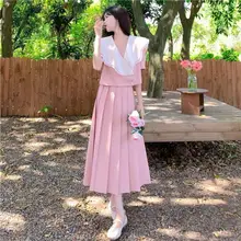  Women Sweet Ruffles Tops Skirts Two Pieces Set Summer 2022 Korean Ladies Graceful Green Button Shirt Pleated Midi Skirt Outfits 