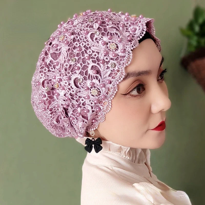 Beading Muslim Turban Caps Lace Headcover Islamic Wrap Head Turbante Summer Bonnets For Women Embroidery Flower Hijab Church Hat 6