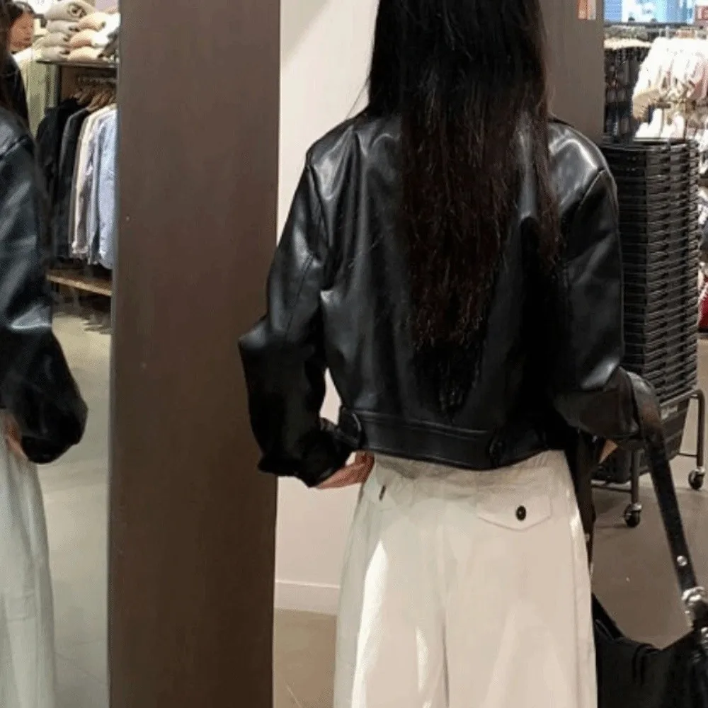 Fashion Pleated Leather Jacket Women Korean Chic Lapel Collar Vintage PU Coats Outerwear Zipper Overcoat Streetwear
