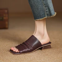 2026 NEW Summer Women Mules Genuine Leather Shoes for Women Open Toe Med Heel Shoes Slippers Pleated Modern Sandals - Image 4