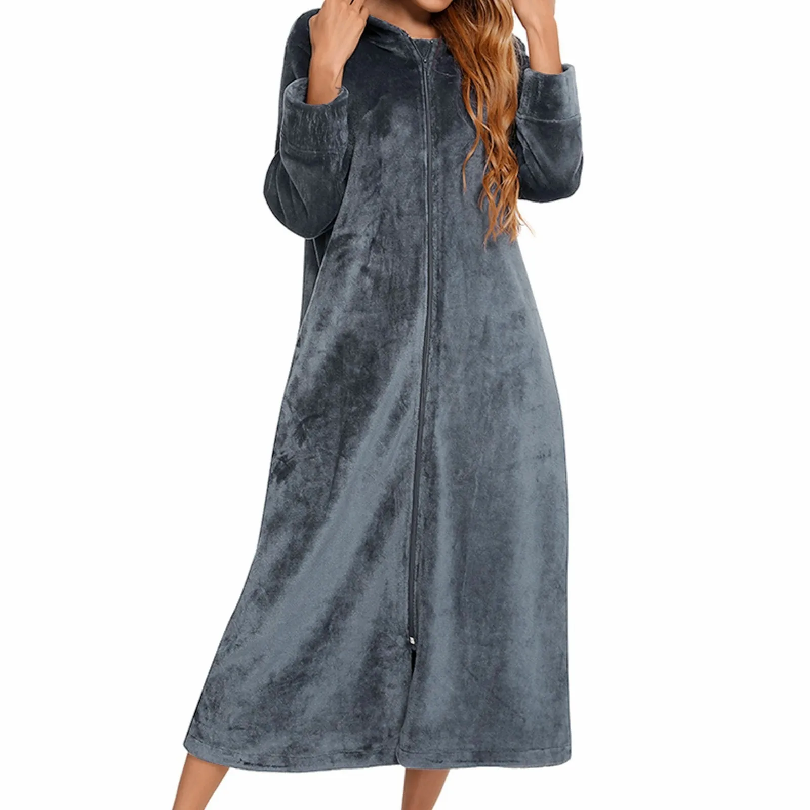 Women Sleepwear Sleepwear Pajamas Winter Long Fleece Bathrobes Women's Solid Color Zipper Bath Robe Dressing Gown Autumn Warm Hooded Home Wear