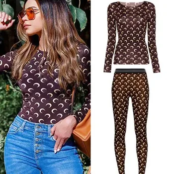 American Retro Womens Two Piece Set Sexy Ice Silk Top and Pants Long Sleeve Moon Print Round Neck Sun Protection Autumn Clothes