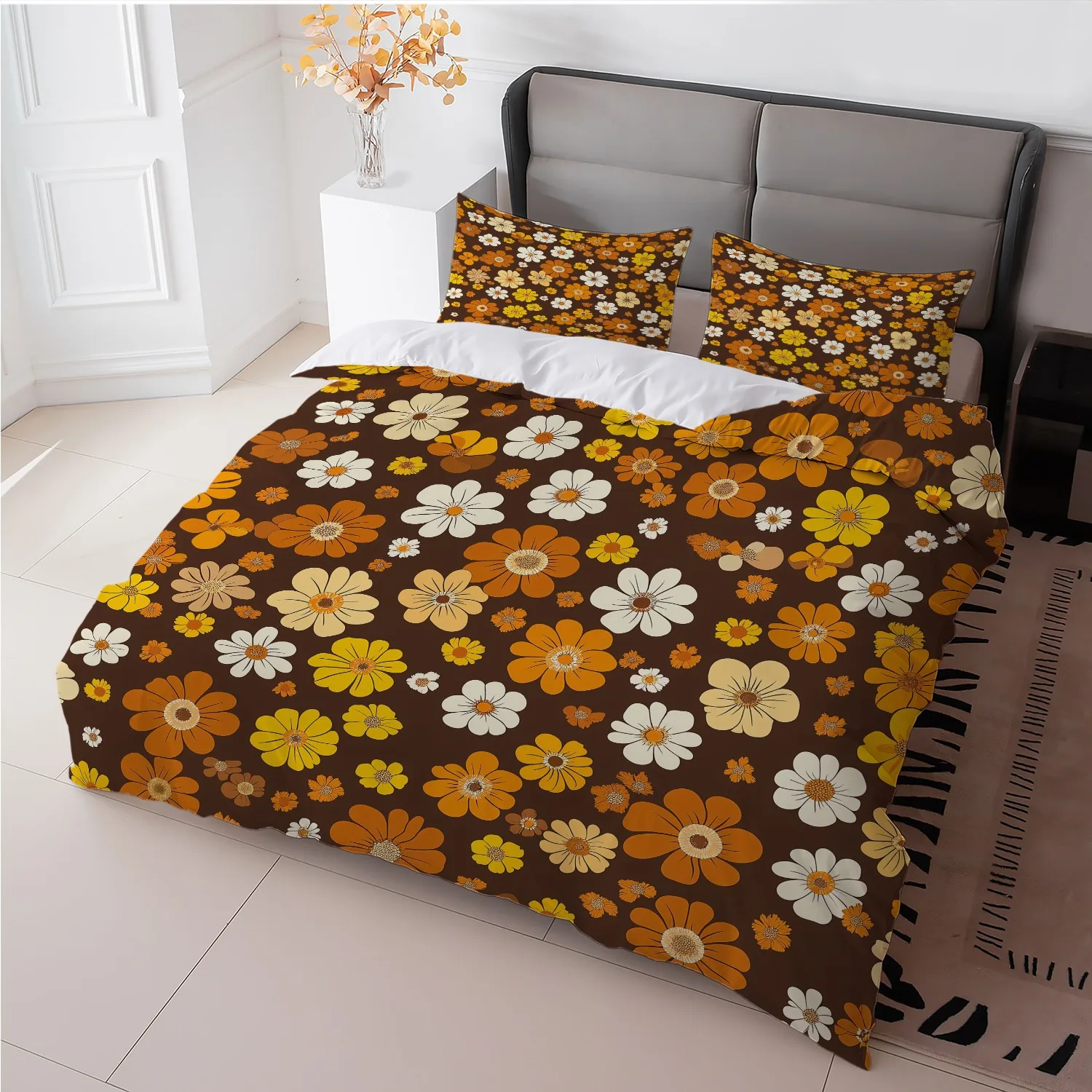 3Pcs Retro Floral Duvet Cover Set, Brown Orange Flower Print Polyester Bedding with Pillowcases, Machine Washable All Season