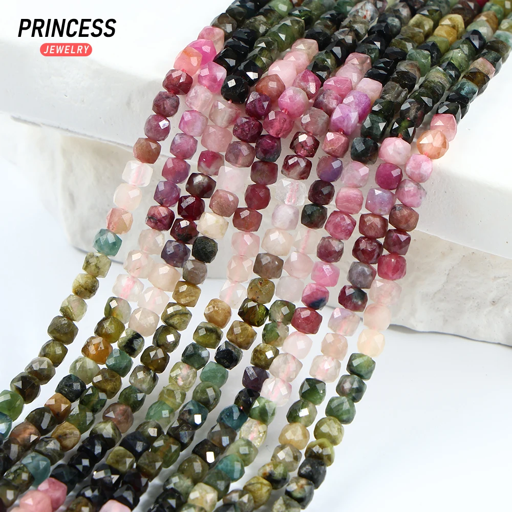 A++ Natural 4mm Colorful Tourmaline Cube Faceted Beads Healing Crystal Beads for Jewelry Making DIY Bracelet Necklace 2