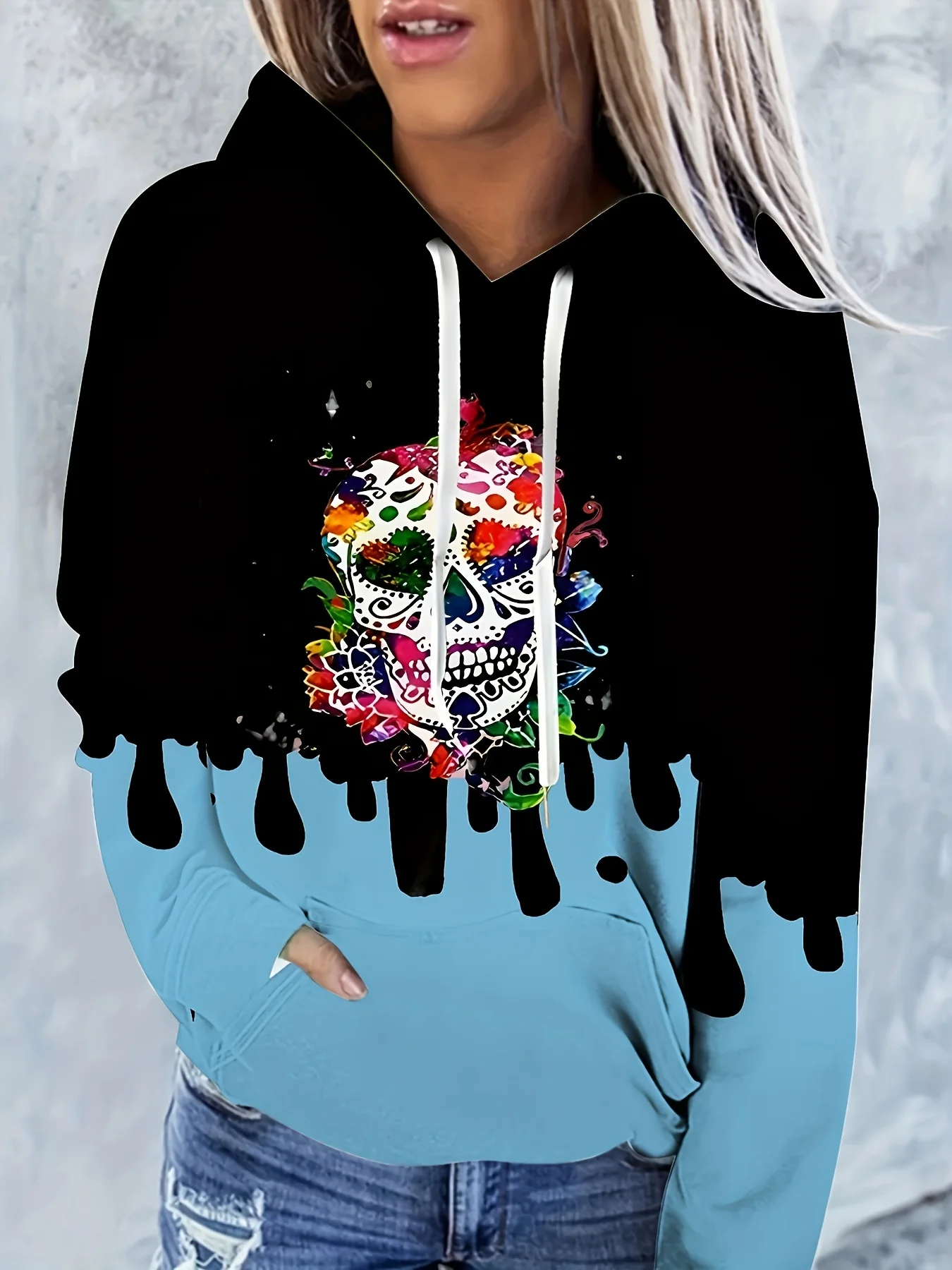 

3d Color Block Skull Print Drawstring Hoodie Casual Long Sleeve Kangaroo Pocket Sweatshirt, Women's Clothing