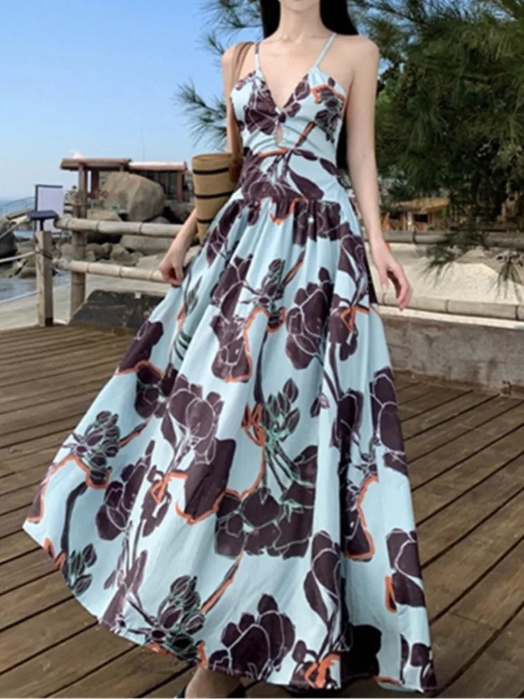 

Spaghetti Strap Elegant Women Summer Dress Sleeveless Casual A-Line Print Midi Beach Holiday Dresses Female Vestidos Long Robe