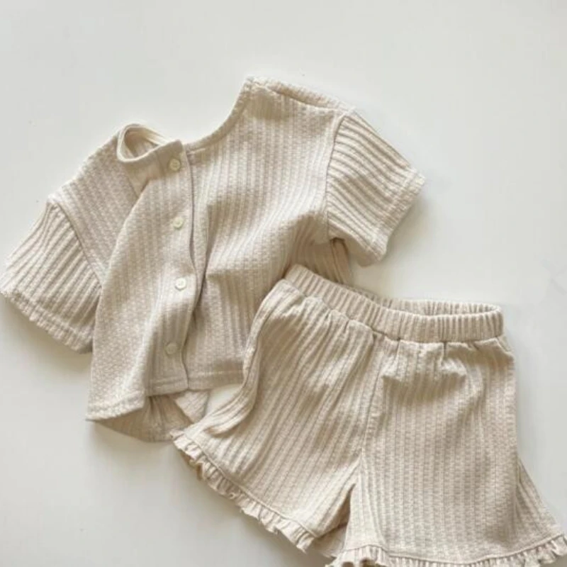

2022 Children Summer Waffle Cotton Baby All-match Short-sleeved Shirt + Lace Shorts Two-piece Set Toddler Kids Solid Color Suits