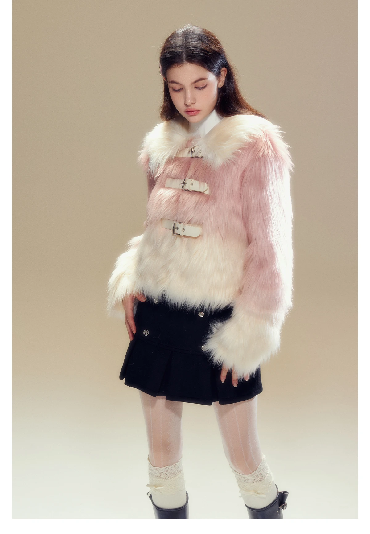 Fashion Pink Sweet Cute Round-Collar Long Sleeve Women's Coat 2023 Autumn Winter Slimming Fake Fur Jacket