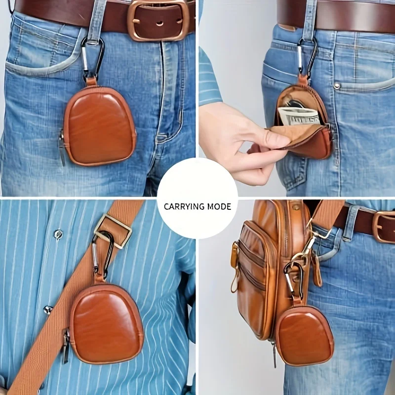 Vintage Real Leather Mini Zero Wallet Zipper Coin Wallet Built in Hook Key Change Storage Bag With Ring Card Case For Men