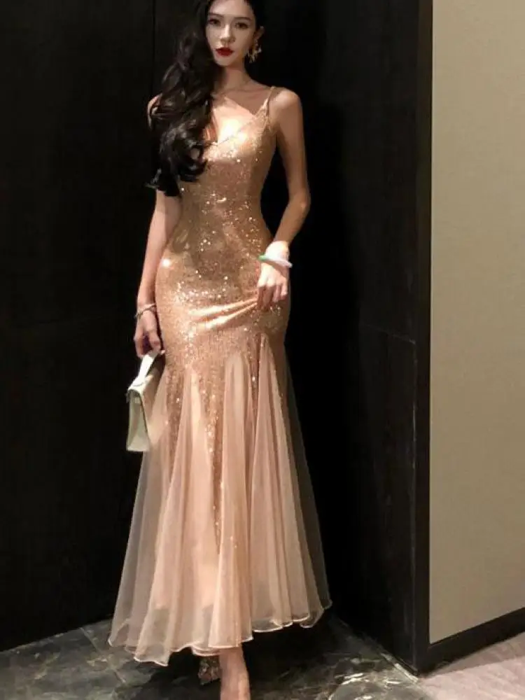 French Summer Gold Sequins Patchwork Mesh Sleeveless Sexy Party Fishtail  Evening Dress Women Elegant Pleated Slip Long Dress New - AliExpress  200000345