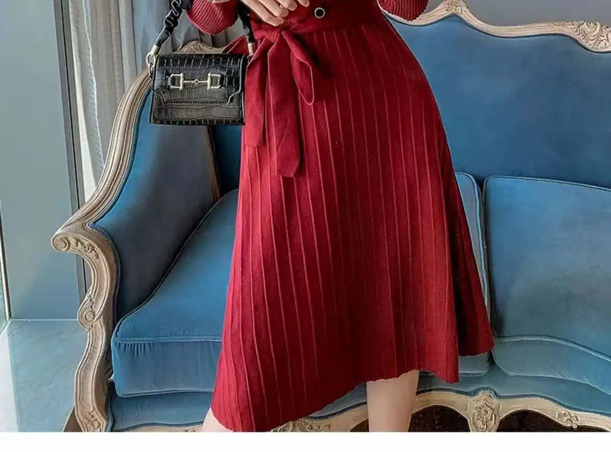 Langes Strickkleid für Damen im Herbst und Winter, modischer, eleganter Neujahrspullover mit Mantel-Basisrock – Detail 8