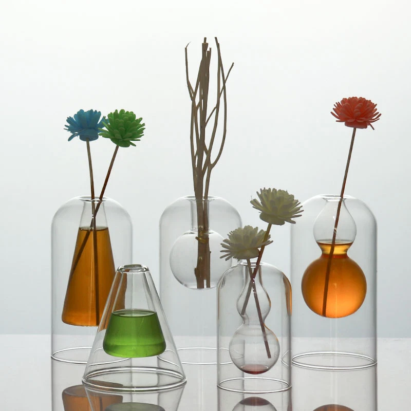 Wood scent diffuser aroma diffuser sticks Double Layer Transparent Aromatherapy Diffuser Bottle Hydroponics Plant Flower Pot Glass Essential Oil Organizers Containers