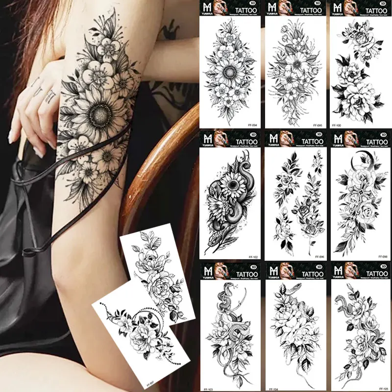 

Водостойкая Временная тату-наклейка, черная роза, Бабочка, флэш-тату, змея, боди-арт, рука, имитация рукава, тату, водная переводная палочка