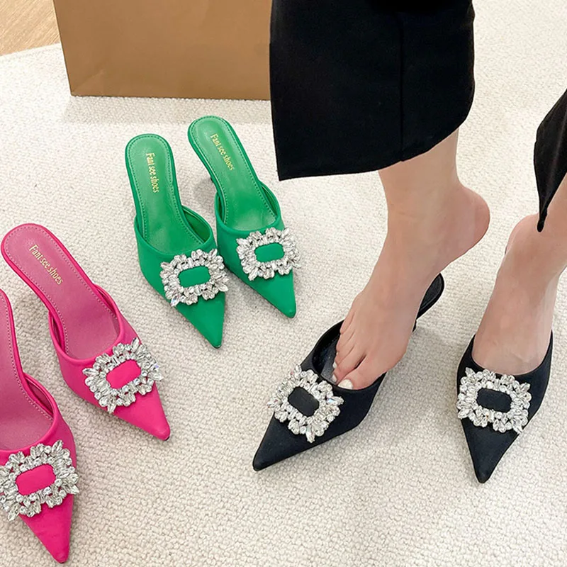 

2022 Spring New Women Slipper Fashion Green Bling Crystal Ladies Elegant Slip On Mules Shoes Thin High Heel Dress Slides Sho