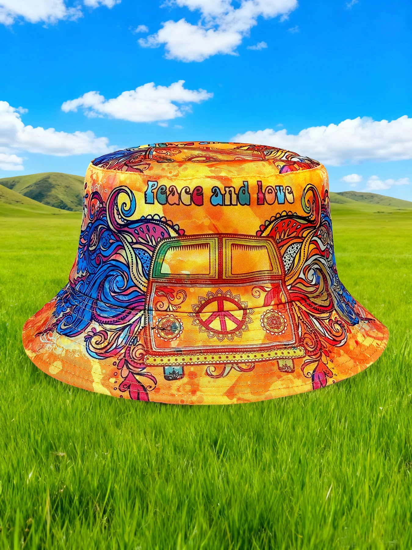 Peace and Love, farbenfroher Fischerhut, ein wendbarer Sonnenhut, ein faltbarer, stilvoller Bucket Hat, farbenfroh und trendig, ein Bucket Hat, der für alle Jahreszeiten geeignet ist, perfekt für Freizeitkleidung und Ausflüge an den Strand, Partys und Abenteuer. – Detail 10