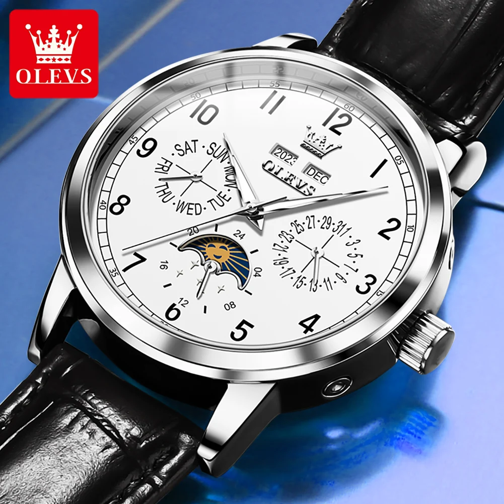 OLEVS Top brand Luxury Moon Phase Automatic Mechanical Watch for Men Date Week Leather Strap Waterproof Man's Watches Luminous 4