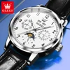 OLEVS Top brand Luxury Moon Phase Automatic Mechanical Watch for Men Date Week Leather Strap Waterproof Man's Watches Luminous 4