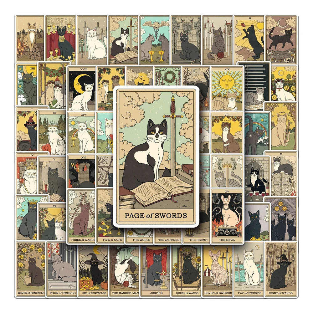 50/62pcs Retro Cat Tarot Stickers Scrapbook Stationery Ipad Vintage Sticker Aesthetic Scrapbooking Material Craft Supplies decorative stickers,paper stickers,animal stickers