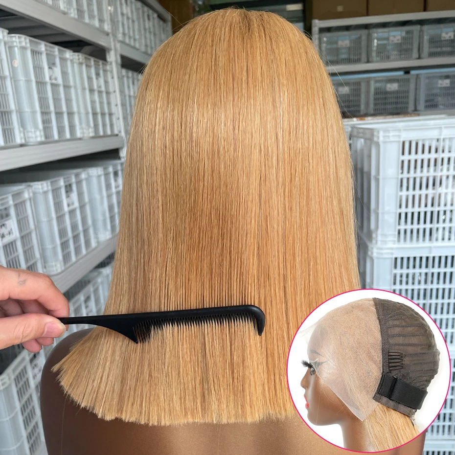 13x4 투명 본 스트레이트 레이스 프론탈 인모 베트남산 100% 숏밥 가발 (여성용) 250% 밀도  27개의 금발 레이스 프론트 가발