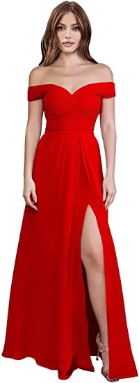 

Off Shoulder Bridesmaid Dresses Long with Slit A-line Chiffon Formal Gowns for Women