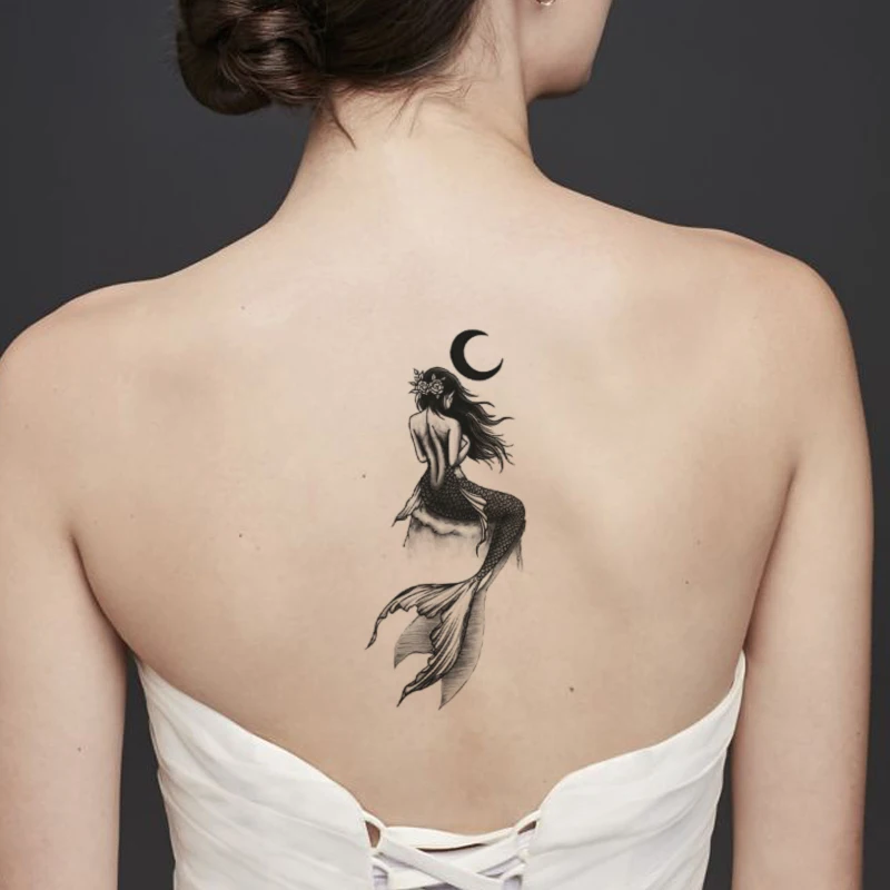 

Водостойкая Временная тату-наклейка с цветами русалки, черная луна, дизайнерские искусственные татуировки, тату для ног, боди-арт для женщин и мужчин