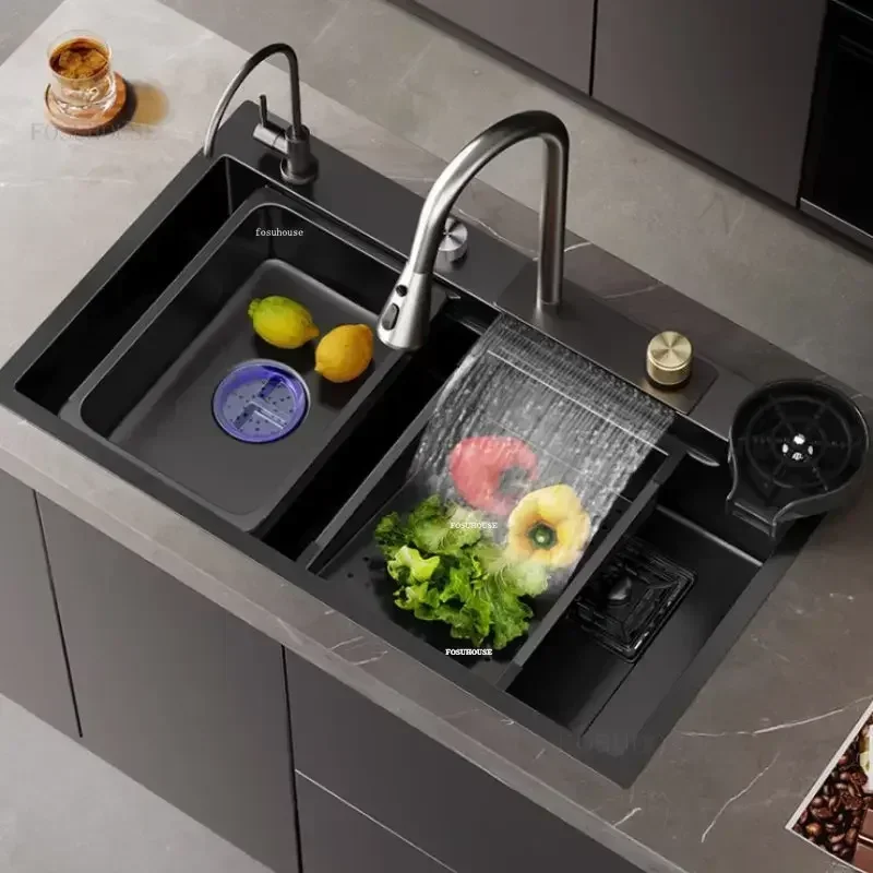 304 Stainless Steel Large Kitchen Sink for Home Nano Waterfall Washbasin Sinks Kitchen Accessories Under-counter Washbasin Novel