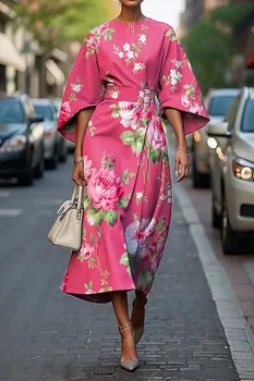 Spring and summer round neck three-quarter bat sleeve printed elegant dress for women 1