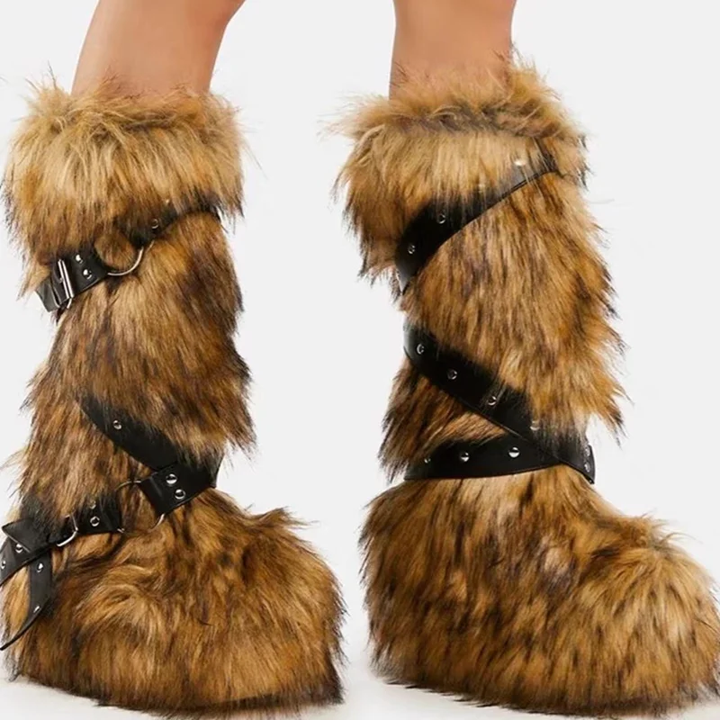 

Khaki Fur Rivet Decor Cross Belt Fastener Boots Fashionable Sexy Novel Style 2023 Summer Big Size Woman Shoes Zapatillas Mujer