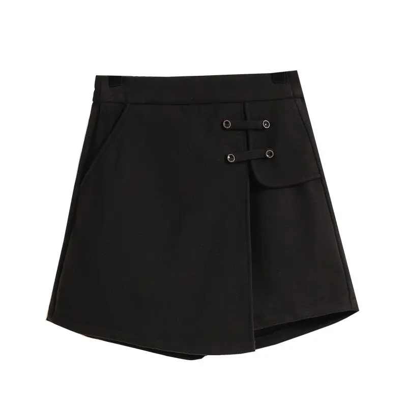 Women's High Waist Patchwork Pockets Woolen Shorts Autumn Winter Fashion Solid Color Elastic Waist Loose Wide Leg Trouser Skirts