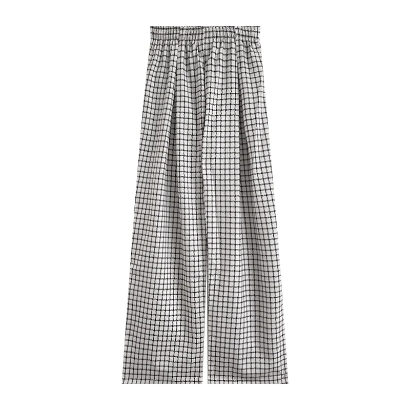 

Simple lazy style black white plaid elastic high waist loose thin casual suit trousers