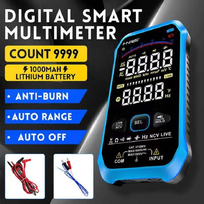 

FNIRSI S1 Smart Digital Multimeter 9999 Counts AC DC Voltage Resistance Capacitance Diode NCV Hz Live Wire Color Display Tester