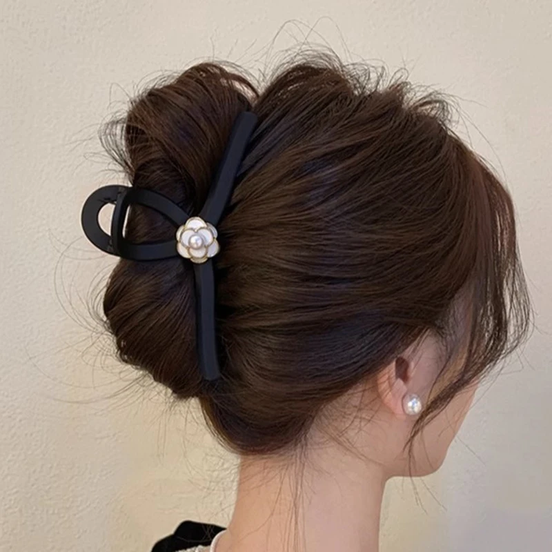 13CM Black Matte Camellia Grab Clip Large Elegant French Hair Clip