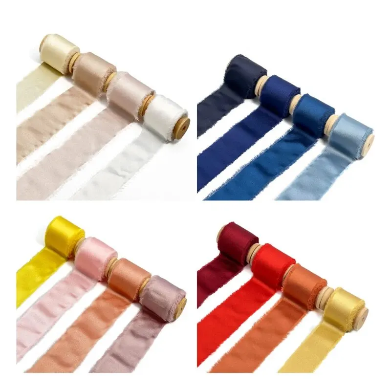 Satin Ribbons 4CM*5M Handmade Frayed Edged Silk Ribbon for Wedding Invitation Wrapping Bouquets Birthday Party Decorations Gifts