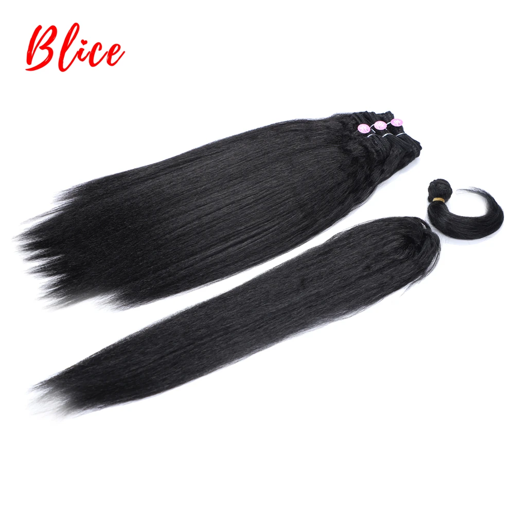 Blice Synthetic Hair Extension Kinky Straight With Weft Weaving With Free Band 1B# Black 5PCS/Lot Bundles 14"16"18Inch
