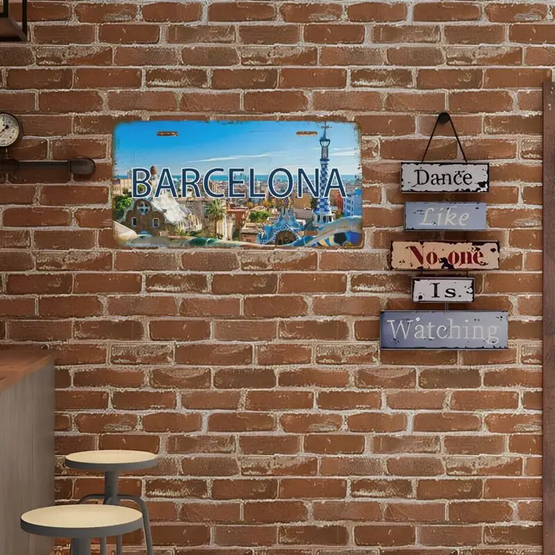 빈티지 바르셀로나 도시 풍경 패턴 장식 번호판, 자동차 번호판, 가정용 가구, 카페, 차고 장식