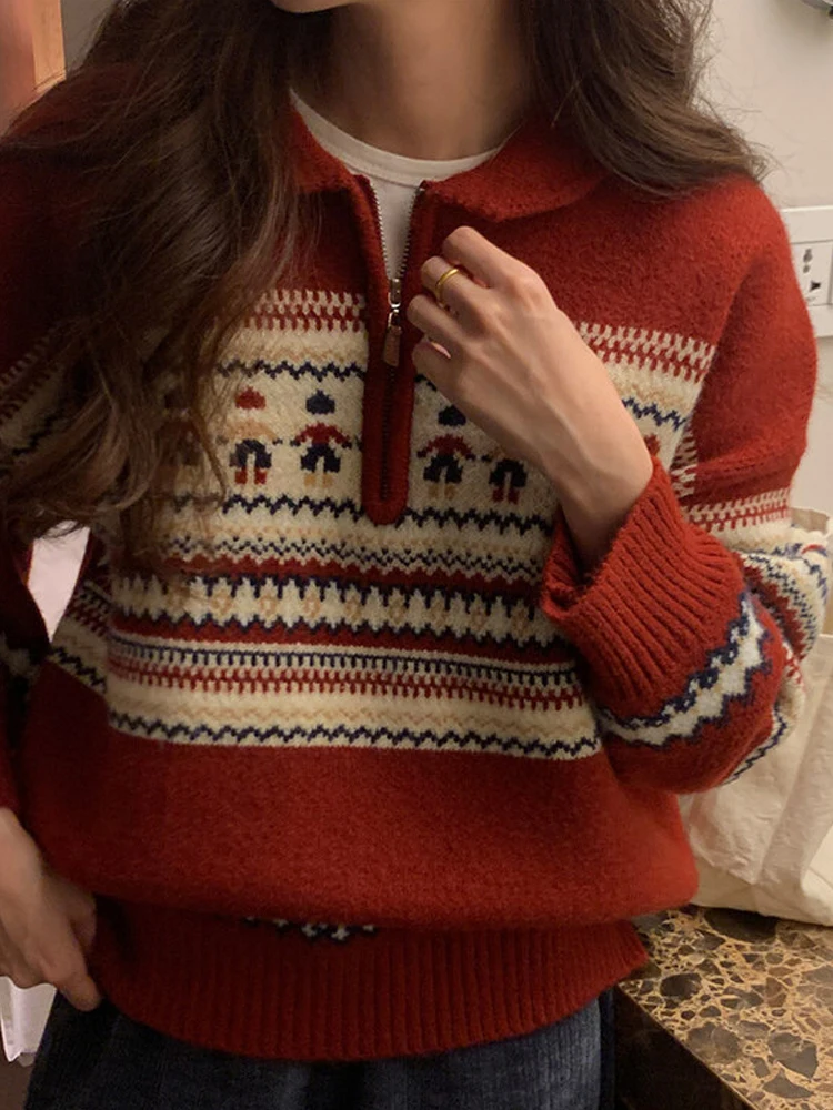 Retro High-End Red Sweater Women's Autumn Winter Loose Long Sve Turn-down Collar Knitted Top Festival Casual Wear