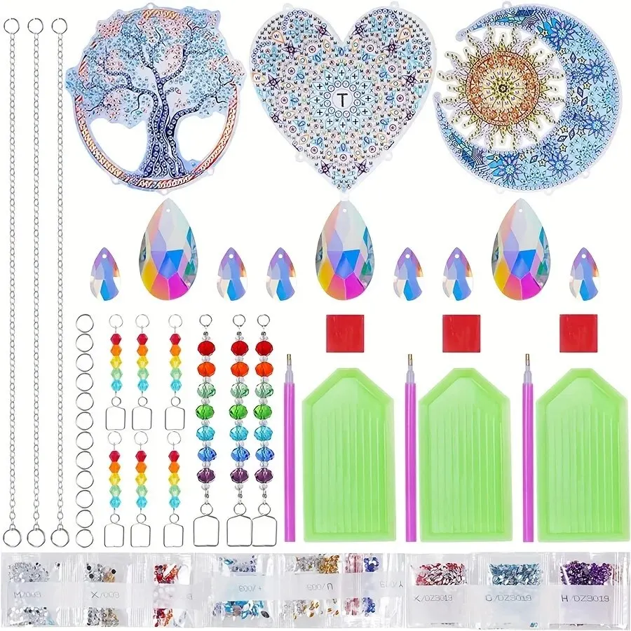 Acrylic Double-sided Crystal Diamond Painting with Sun, Moon, Heart & Tree Pattern - DIY Wind Chimes Kit